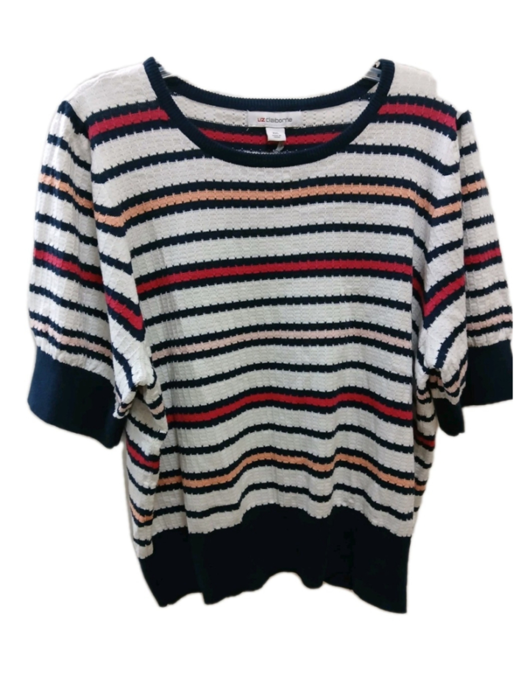 NWT Liz Claiborne Womens Short-Sleeve Knit Sweater Top Sz XXL Striped Preppy